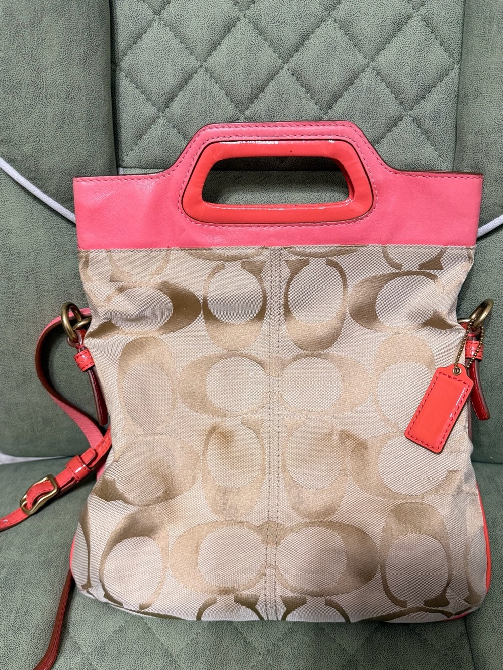 Coach Beige Signature Canvas Shoulder Bag with Coral Trim